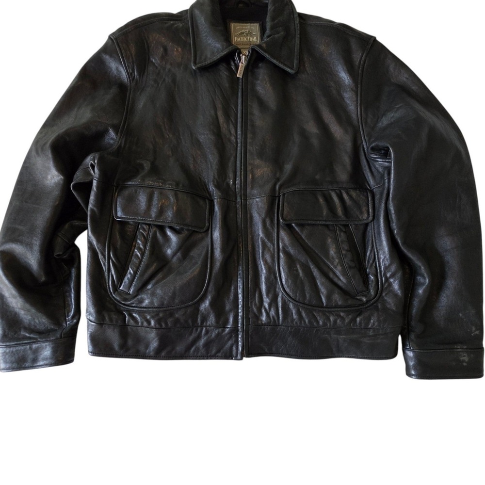 Pacific Trail Mens Leather Jacket Black Full Zip Utility Bomber XL